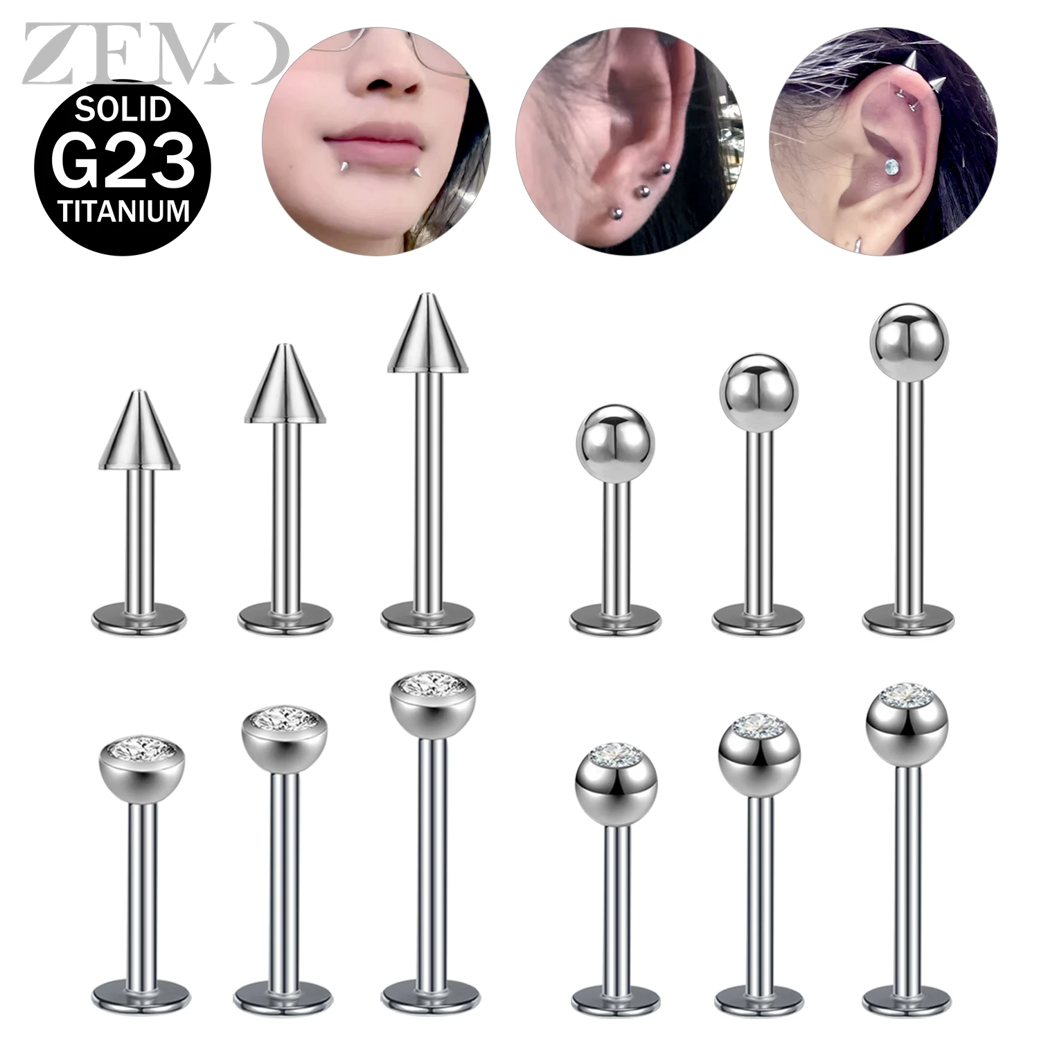 ZEMO 1 PC Titanium Steel Spike Labret Lip Piercing Women Men Zircon Lip Studs Taper Ball Dimple Monroe Helix Conch Piercings 16G