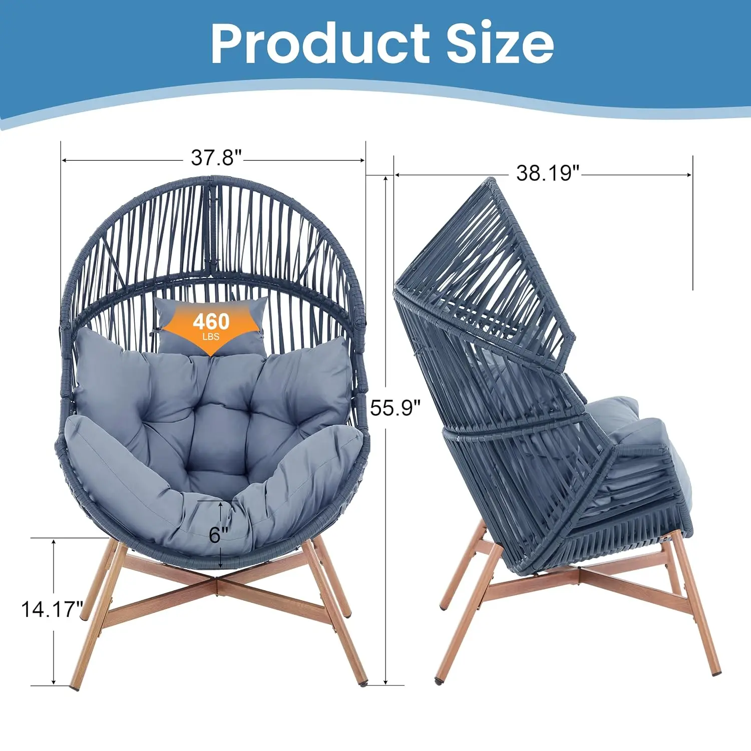 Outdoor Wicker Egg Chair with Thick Cushion, Heavy Duty Patio Lounge Chair