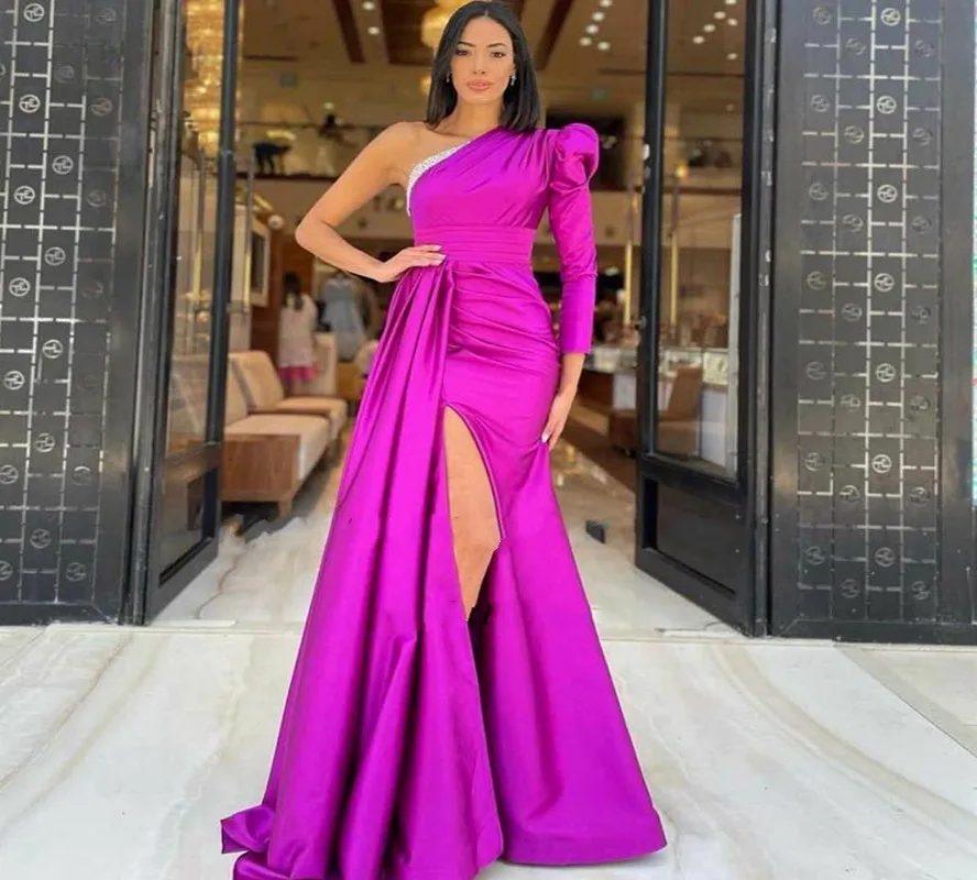 

2025 Pink Fuchsia Women Evening Formal Dress One Shoulder Long Sleeve Beaded Prom Party Gowns Customed Robe De Soiree