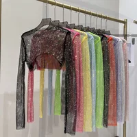 2023 nuevo sexy brillante diamante corto top delgado Sra. Hot Drill camiseta de manga larga sexy cintura de fuga club nocturno