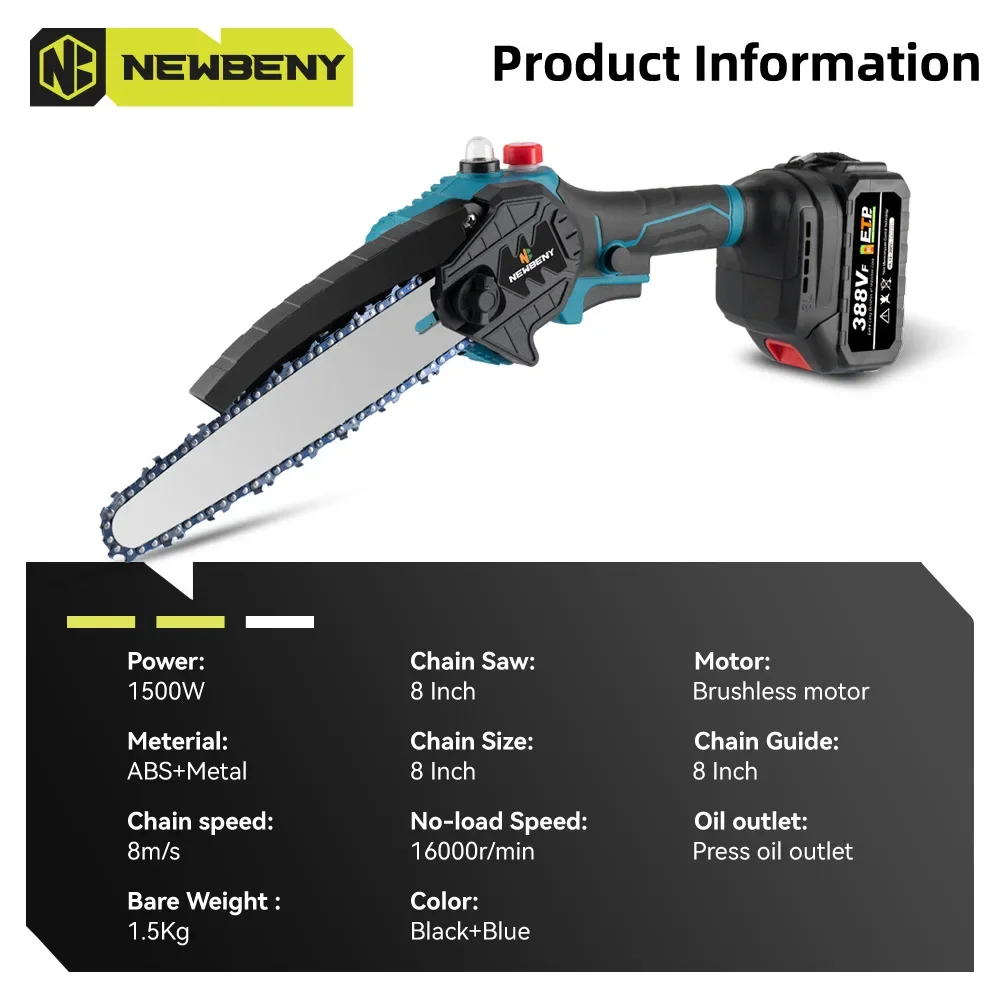 NEWBENY 8 Pollici Brushless Cordless Olio Elettrico Sega A Catena Palmare Ricaricabile Lavorazione Del Legno Utensile Da Taglio Per Makita 18V