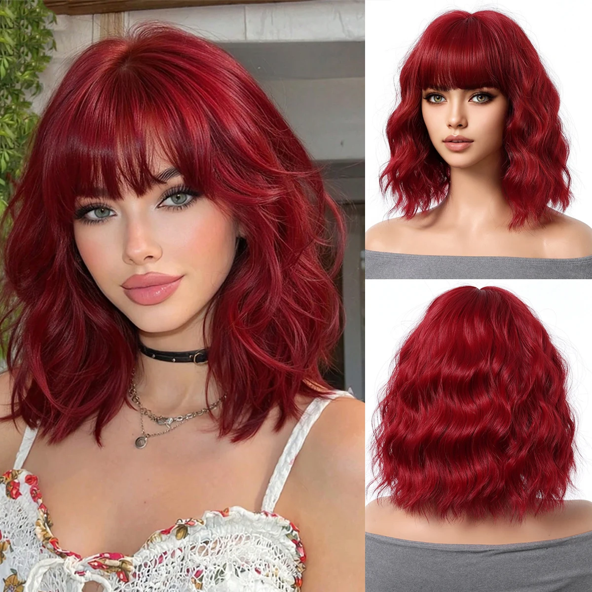 

14 Inches Burgundy Red Shoulder-Length Wig with Bangs Natural Wavy Synthetic Wig For Women Heat Resistant Fiber Daily Party Use