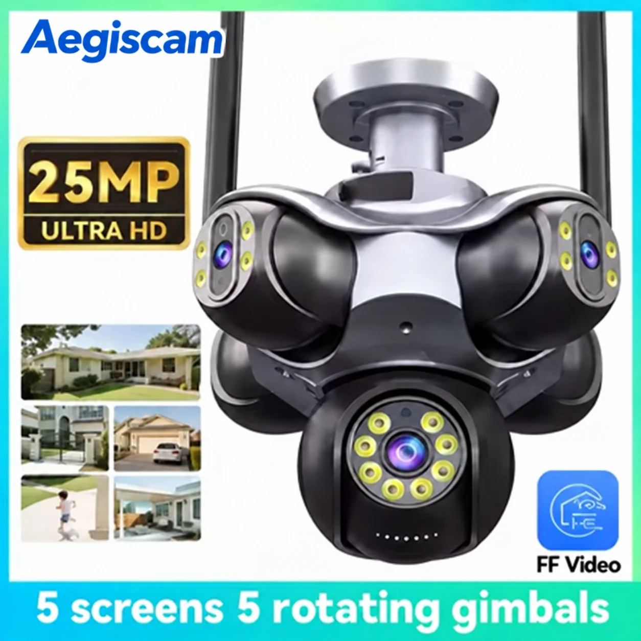 Caméra de sécurité panoramique extérieure 25MP 15K 5 objectifs 5 écrans Wifi avec suivi automatique, caméra de vidéosurveillance PTZ sans fil