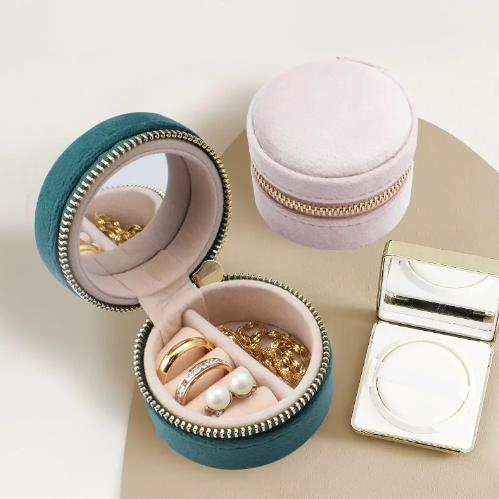 صندوق حلقي مستدير محمول بسحاب مخملي حقيبة تخزين أقراط صغيرة وقلادة منظم للسفر