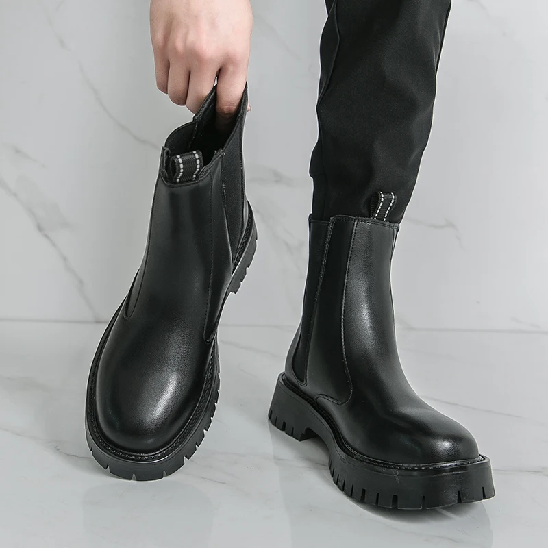 

Классические черные модные мужские дышащие высокие ботинки на толстой подошве на осень, новые мужские удобные уличные ботинки «Челси»