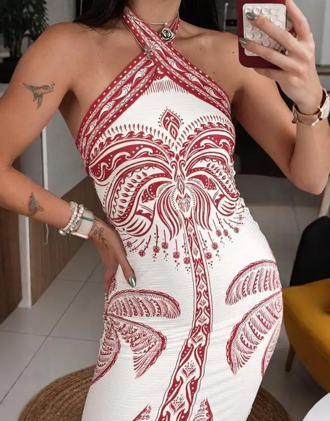 

Tropical Halter Sleeveless Sexy Backless Dress