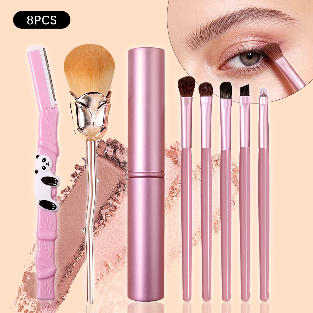 8-teiliges roséförmiges loses Puderpinsel- und multifunktionales Augen-Make-up-Pinsel-Set sowie Augenbrauenformmesser und tragbarer Aufbewahrungseimer