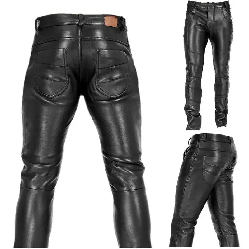 

Punk Sle Men's Slim Fit Leather Pants High Waist Zipper Closure Straight Leg Bright Tead Casual Trousers for Men