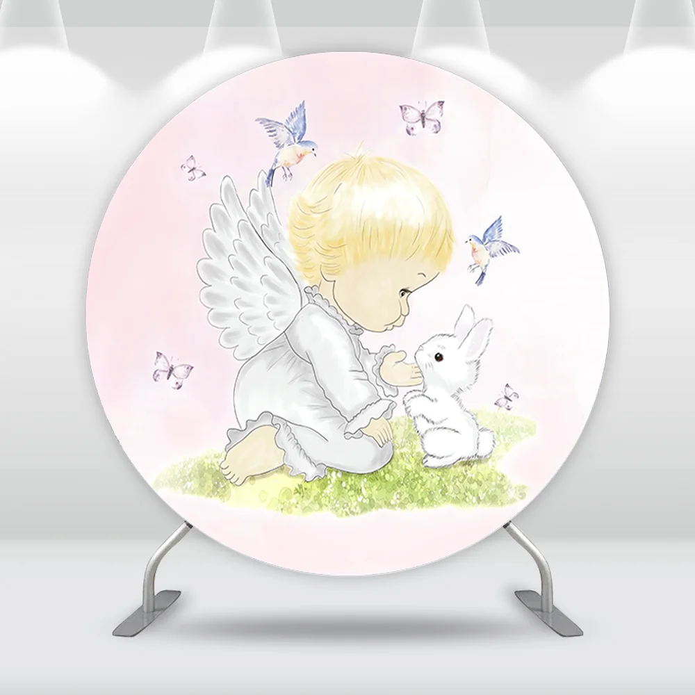 Rabbit Butterfly Angel Girls Baby Shower Round Backdrop Party Decoration First Holy Communion Circle Photography Background