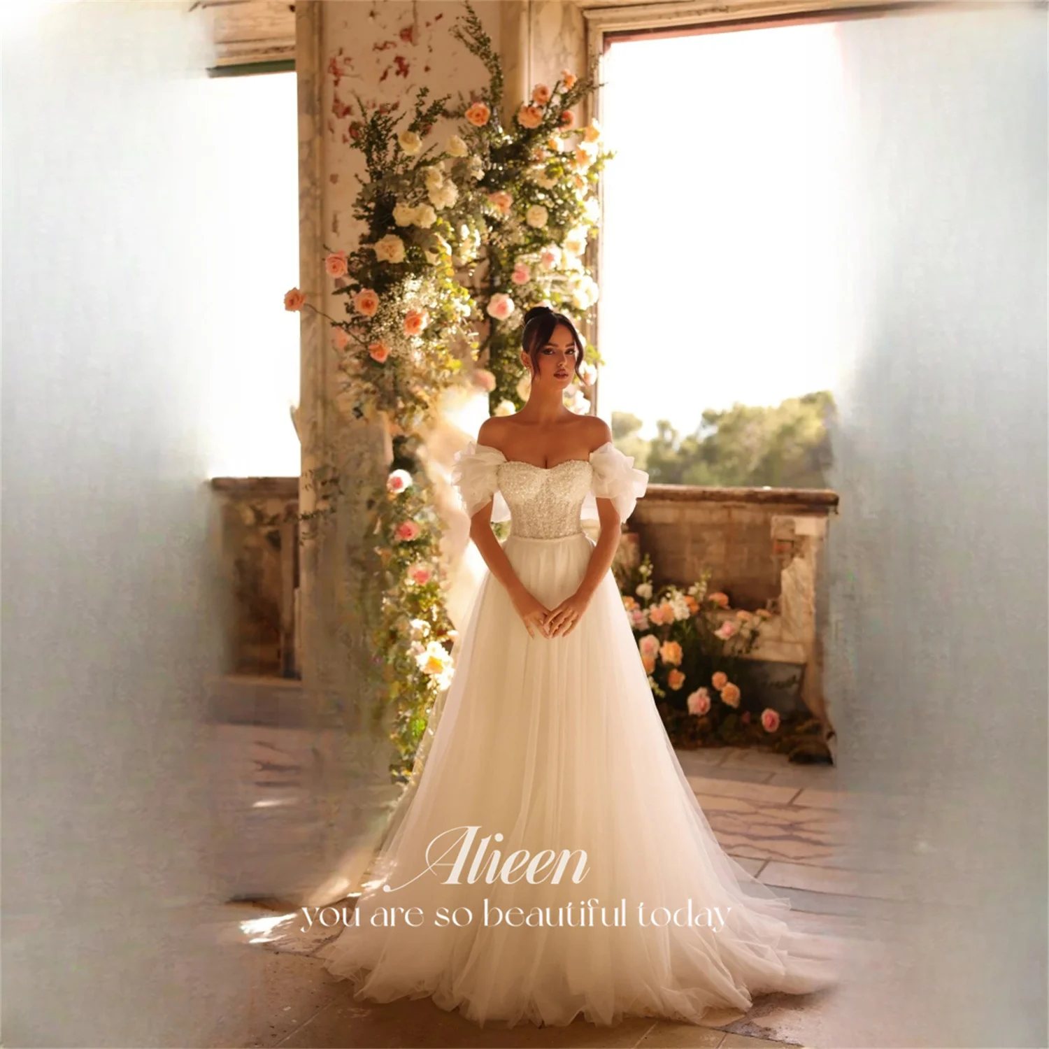 

Aileen Tulle Off The Shoulder Ivory Ball Gown Evening Dress 2026 Prom Dress Lace Short Sleeve Formal Gowns Women Customized