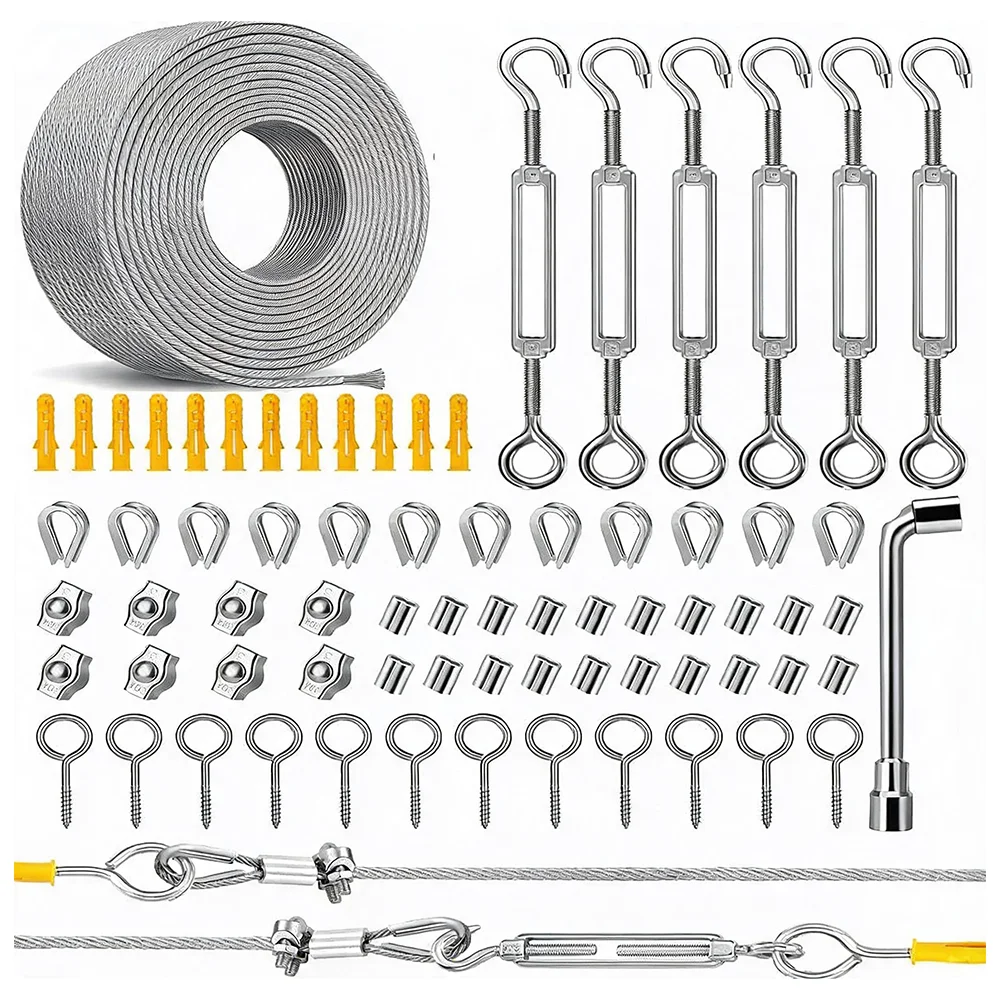 Kit di funi in acciaio inossidabile da 35 m x 2 mm, con tenditori e manicotti a crimpare, set di cavi intrecciati 7x7 rivestiti in PVC, ideale per arrampicata, installazione di luci, stendibiancheria,