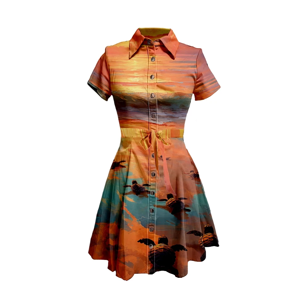 

Женский сексуальный сарафан с короткими рукавами и принтом черепахи и закаты, пляжное платье трапециевидной формы на пуговицах, летнее повседневное платье для вечеринки в отпуск