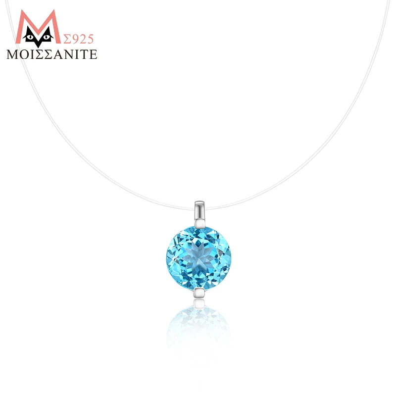 

JIUZUAN 05/1/2/3ct Round Aquamarine Pendant Necklace S925 Silver Invisible Wire Elegant Simple Style Daily Wear Necklace