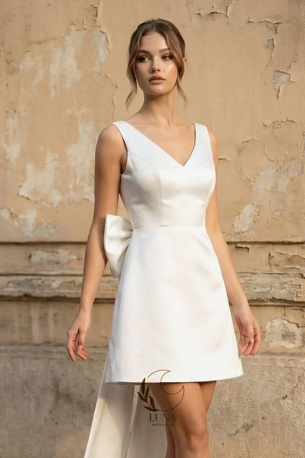 Luna Customized A Line Satin V Neck Mini Wedding Dress With Bow V-Neck Sleeveless Backless Simple Civil Short Bridal Gown