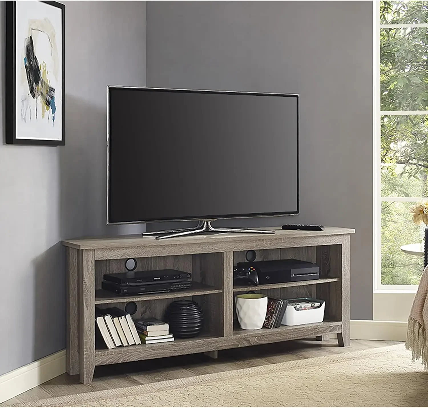 Edison Maxwell Classic 2 Shelf Corner TV Stand for TVs up to 65 Inches, 58 Inch, Driftwood