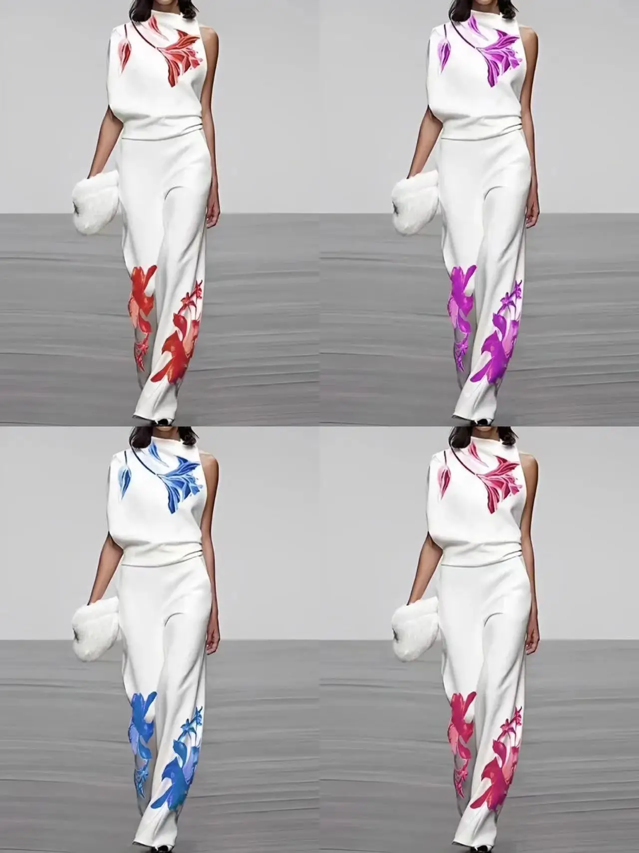 Fashion Street Print Two Piece Sets For Women 2024 Spring Summer Sleeveless Top And Pants Outfits Office Elegant Autumn Suits