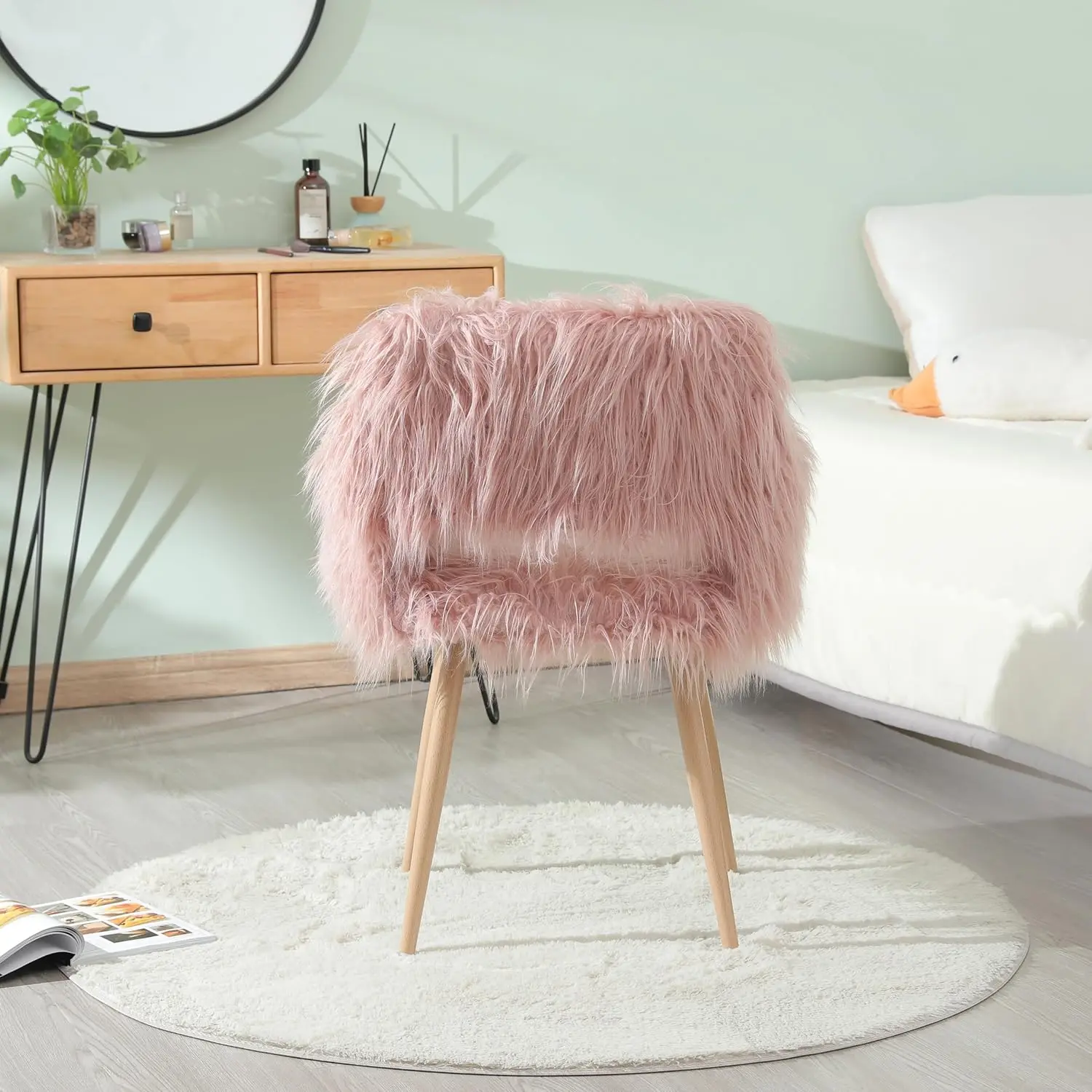 

Розовый настольный стул из искусственного меха с металлическими ножками, похотливый по дереву, туалетный столик для макияжа для девочек и женщин, милый детский стул, пушистый домашний офис