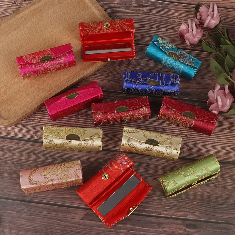 1Pc Portable Embroidered Lipstick Case Storage Jewelry Holder Random Retro Flower Design Lipstick Display Box With Mirror