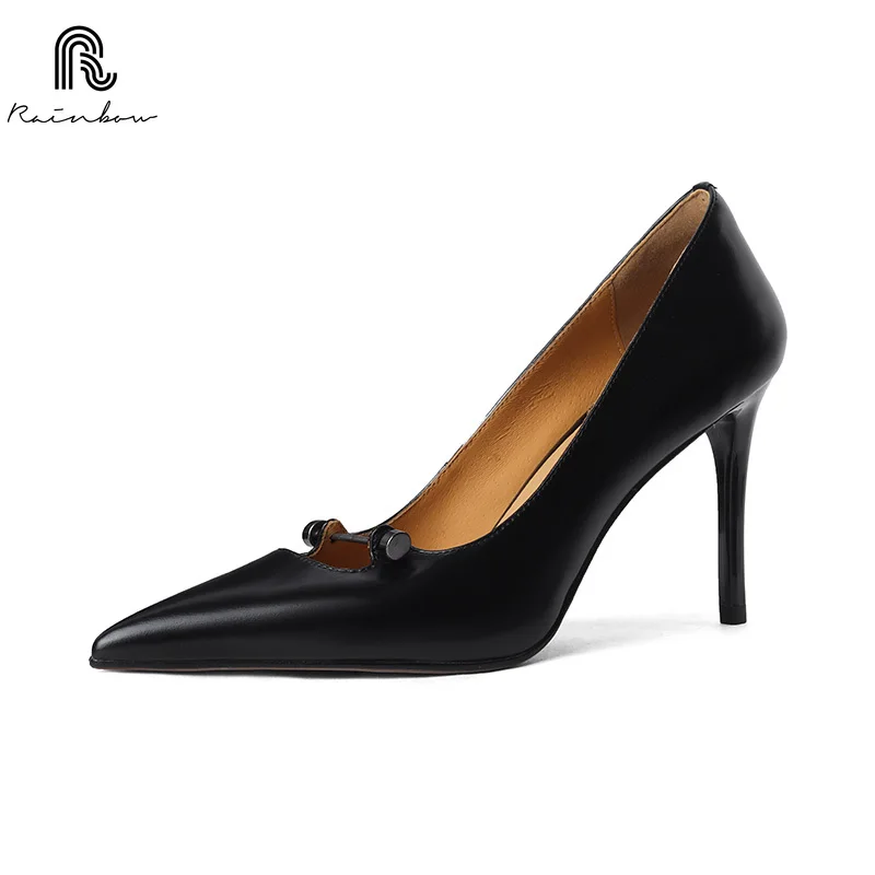 

RAINBOW 33-40 Classic Concise Style Pin Buckle Pumps Custom Handmade Stilettos Leather High Heels Women Sexy Banquet Shallow