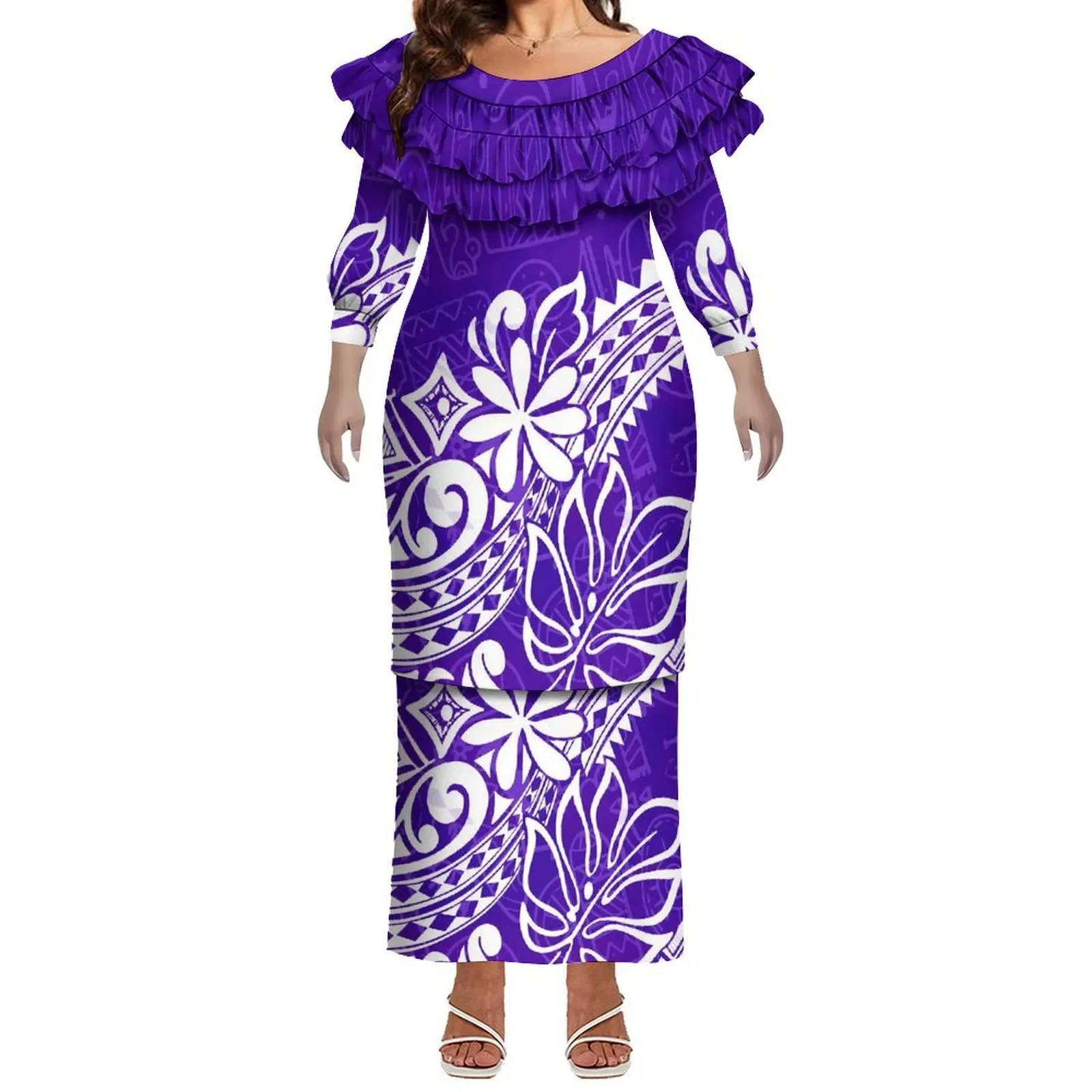 Novo vestido de design da ilha do pacífico polinésia puletasi vestido senhora dupla camada plissado tripulação pescoço vestido ilha de páscoa roupas 2 peças