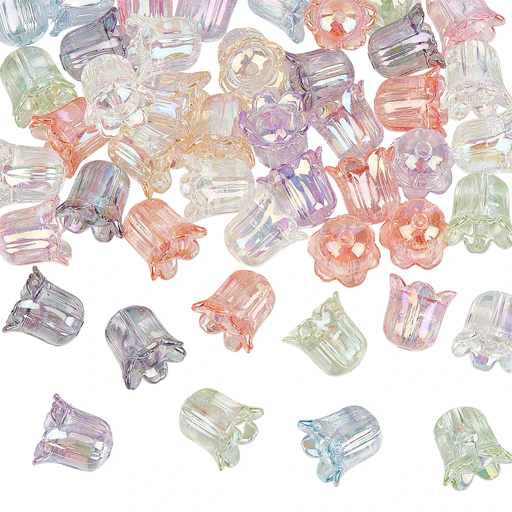 60PCS Acrylic Bell Flower Beads with Hole Spring Floral Shaped Lily Tulip UV Plating Transparent Iridescent Loose Spacer Bead