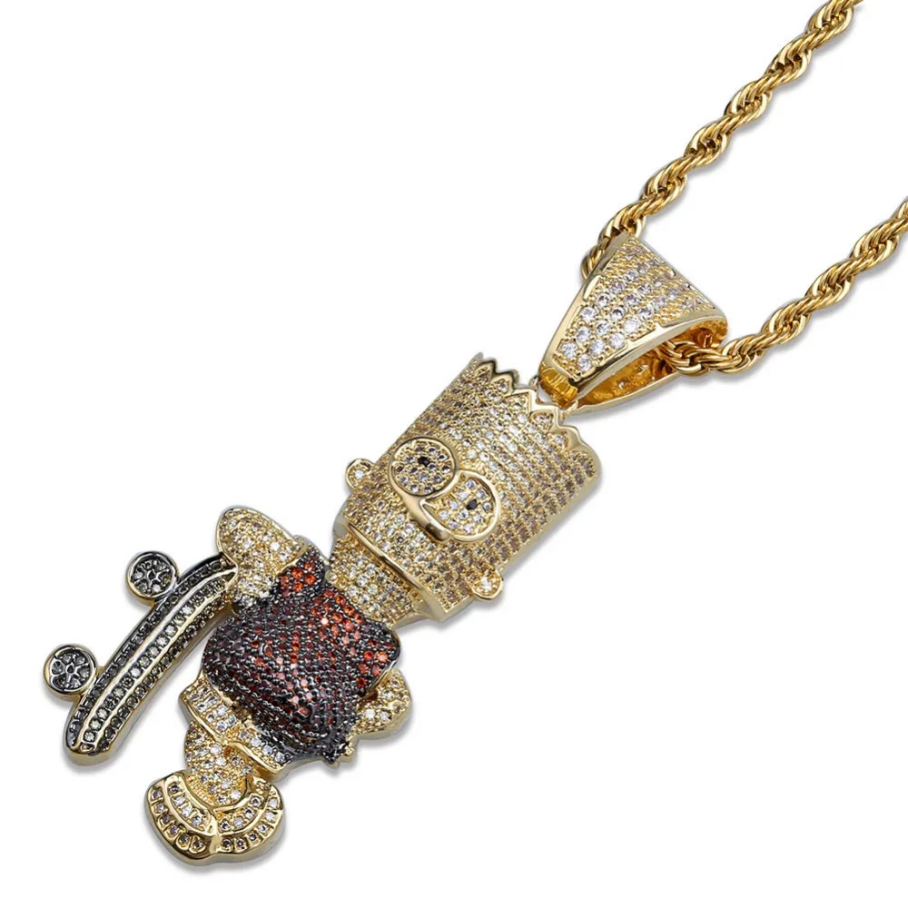 Micro Paved AAA Cubic Zirconia Bling Iced Out Skateboard Simpson Pendants Necklace for Men Hip Hop Rapper Jewelry Gold Color