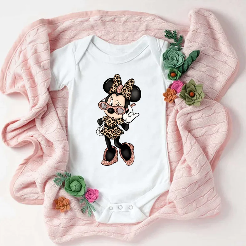 Śliczne Leopard Minnie Mouse Disney Newbron body odzież dla dzieci lato krótki rękaw bawełna Minnie Kawaii Romper kombinezon