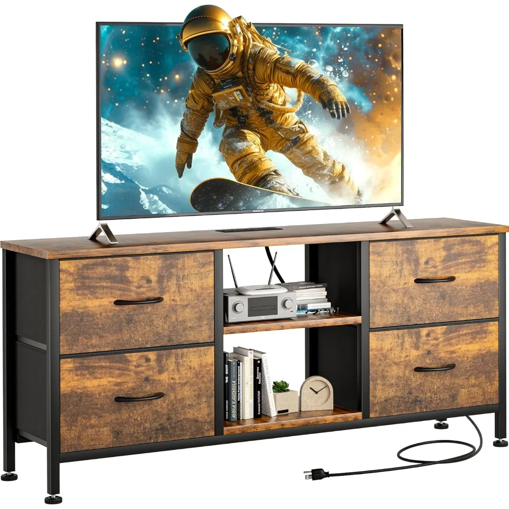 

TV Stand Dresser for Bedroom, Entertainment Center with Power Outlet for 50" TV, Dressers with 4 Fabric Drawers & Open Shelves