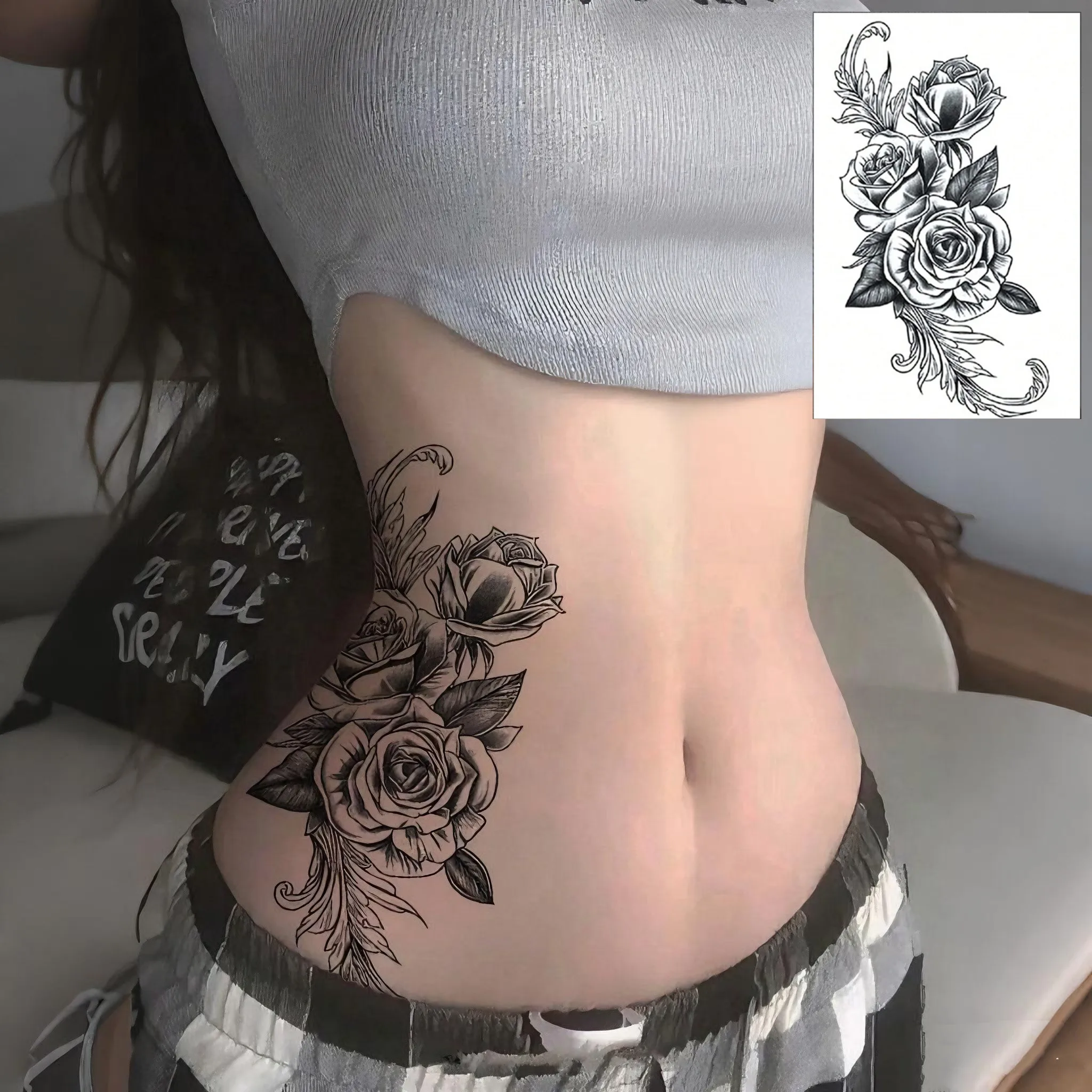 1pc Rose Floral Temporary Tattoo, Waist Fake Tattoo Sticker, Black Flower Waterproof Tattoo Decal For Men & Women view 3
