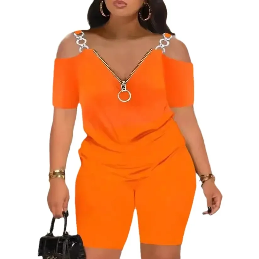 Women Two Piece Sets Short Pants Set Solid V Neck Zipper Elegant Splice Tops High Waist Casual Slim Fit Pant Matching Sets