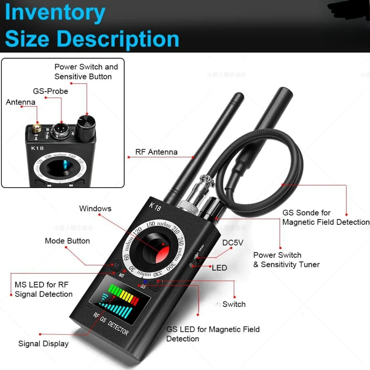 K18 multi-função anti-espionagem câmera dispositivo de lente sem fio localizador bug gsm áudio gps rastreador detecção de digitalização rf singal detectar