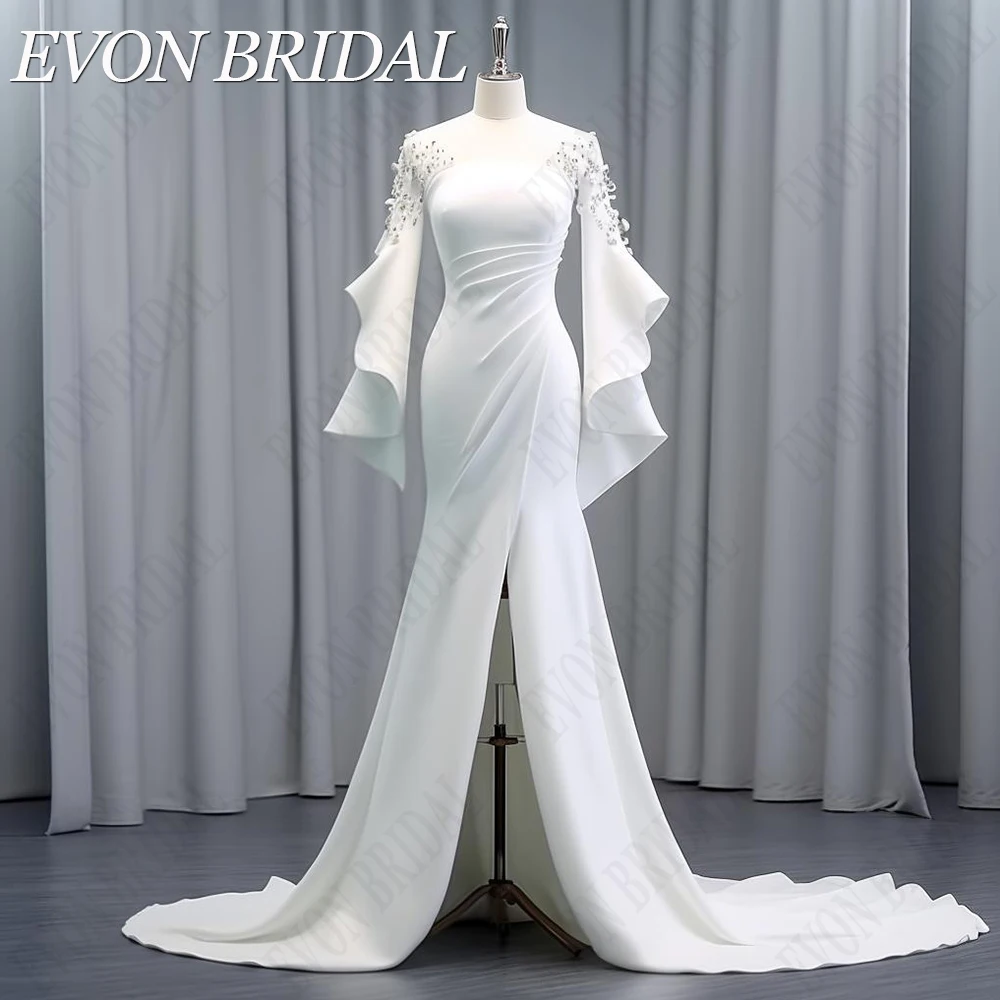 Evon Braut weiß Satin Brautkleider für Braut Meerjungfrau Rüschen Ärmel Perlen Brautkleid Schlitz Zivil свадебный комбинезон