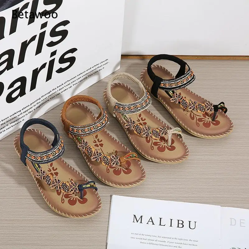 Sandalias Planas Tejidas con Pedrería Estilo Boho para Mujer, Sandalias de Playa de Verano con Correa para los Dedos, Calzado Casual para Vacaciones