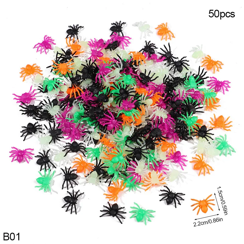 50 Uds. De araña falsa, juguete de Halloween, luz nocturna, Mini algodón multicolor negro con decoración de fiesta y Festival de araña simulada