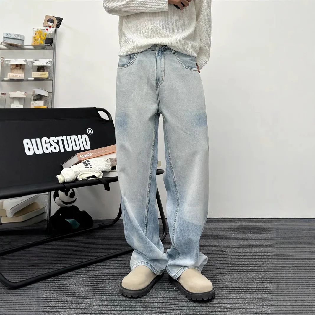 Summer thin light blue jeans men's comfortable washable loose straight  wide leg jeans baggy men clothing jeans for men