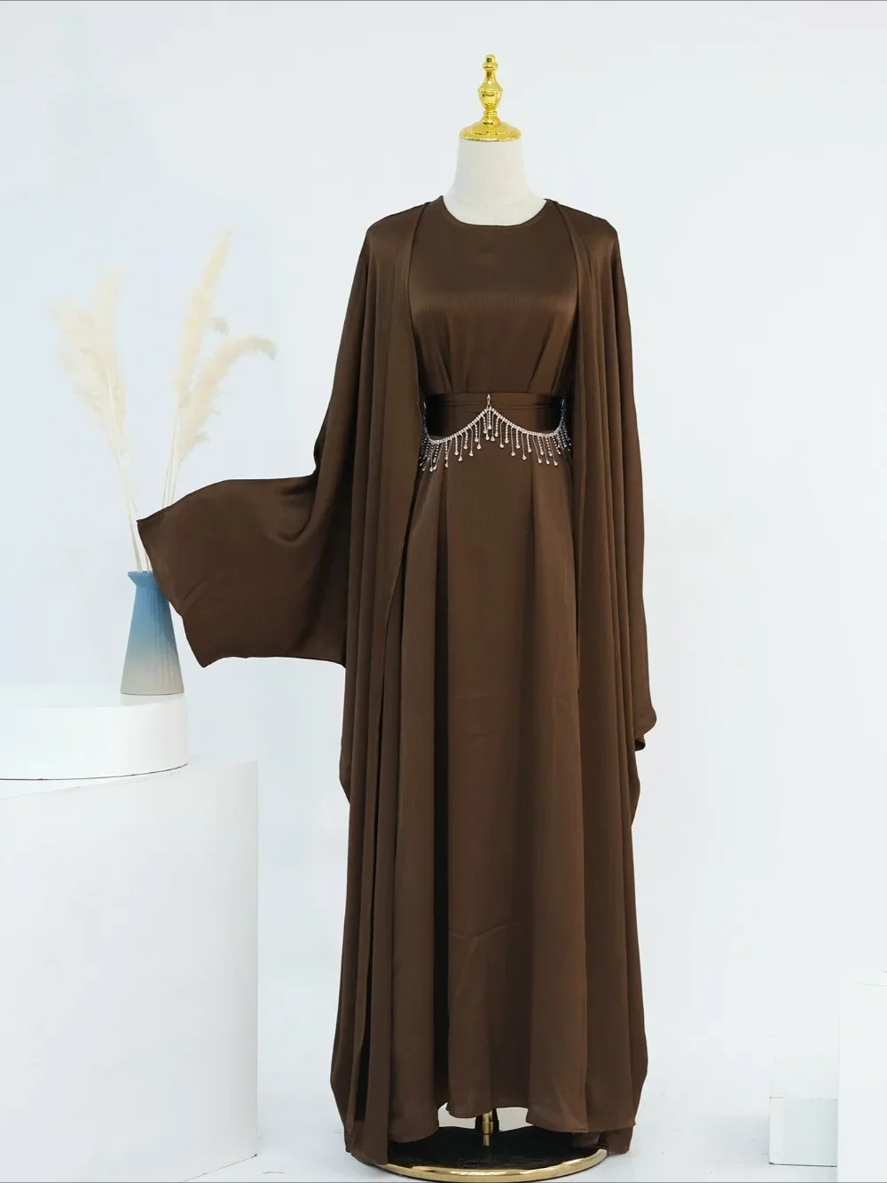 Ramadan muçulmano feminino 2 peça conjunto com corrente vestidos de festa abaya eid jalabiya faixas diamante marrocos dubai kaftan cardigan robe