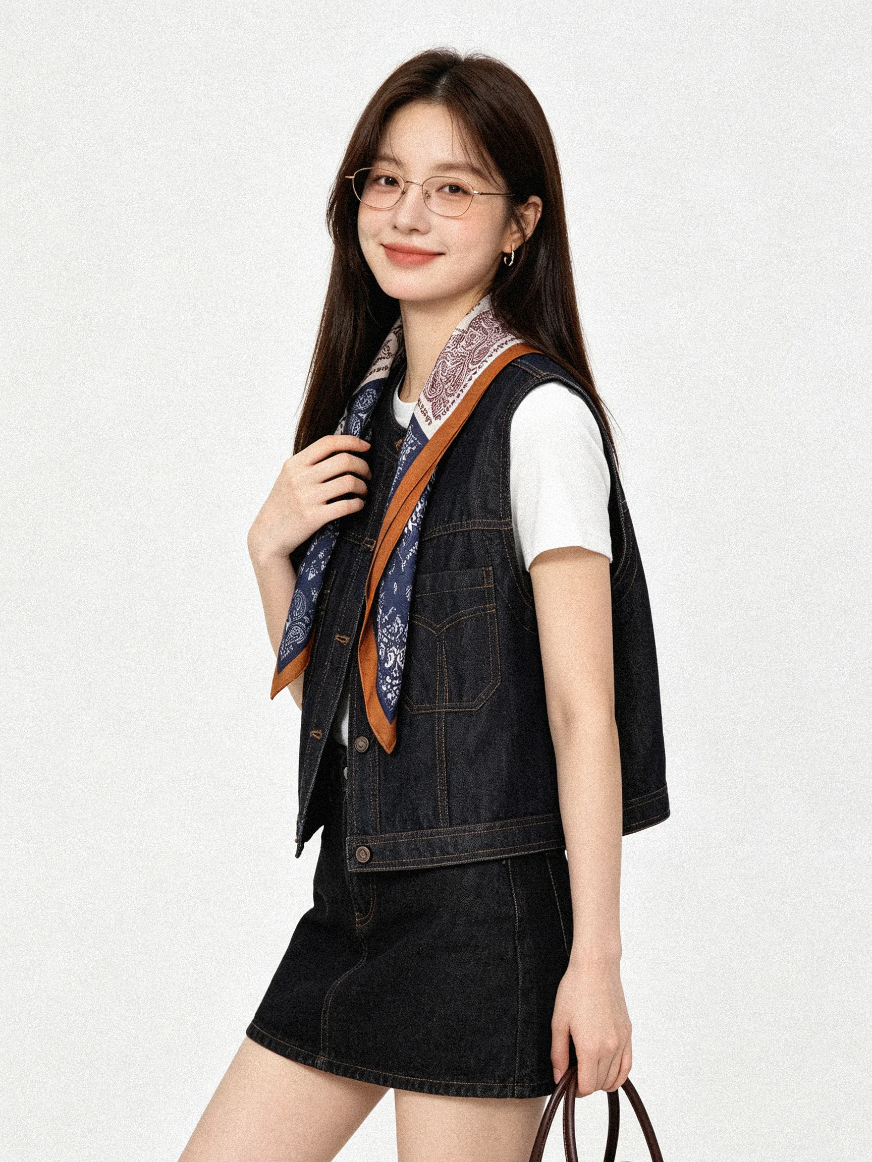 Retro Korean Style Early Autumn Silk Scarf Short Denim Vest Loose round Neck Workwear Sleeveless Shoulder Pad Jacket