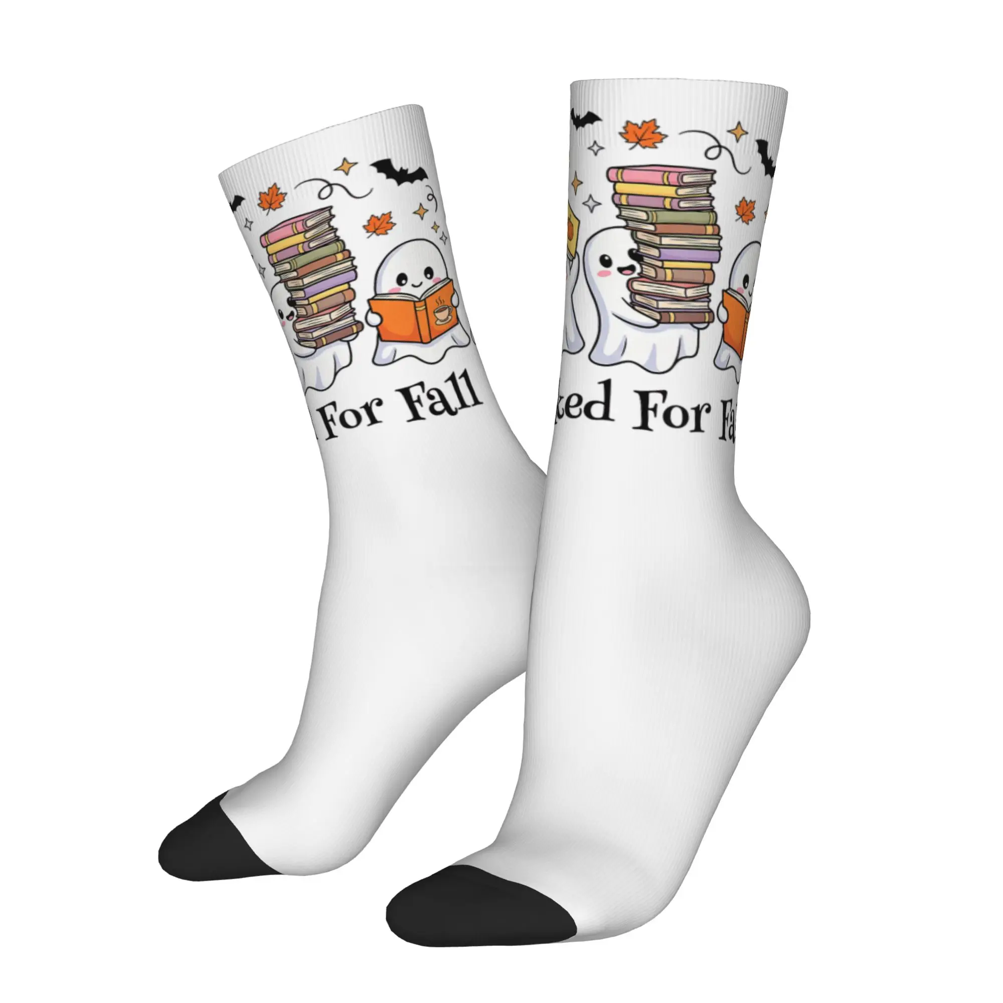 Harajuku All Booked for Fall Halloween Ghost Basketball Socks Humor Book Lover's Polyester Crew Socks for Women Men Non-slip