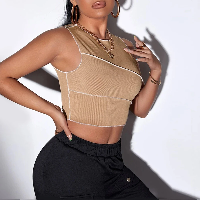 

Новая летняя женская укороченная майка без рукавов, повседневный модный пуловер-жилет, с контрастным дизайном и асимметричным вырезом на горловине