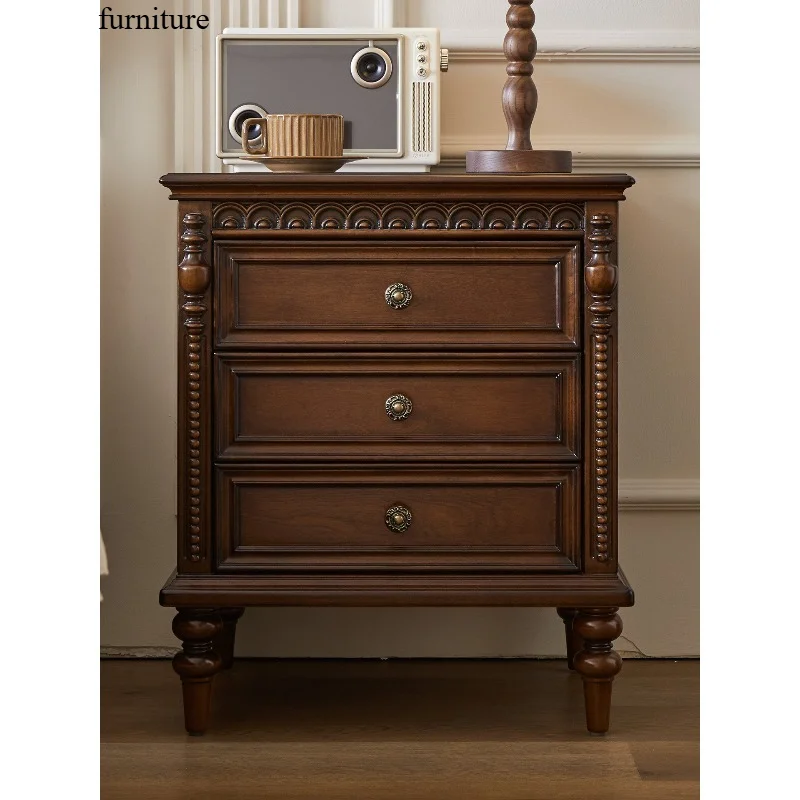French antique bedside table pure solid wood American retro three-drawer lamp cabinet bedroom furniture bedside cabinet decorati