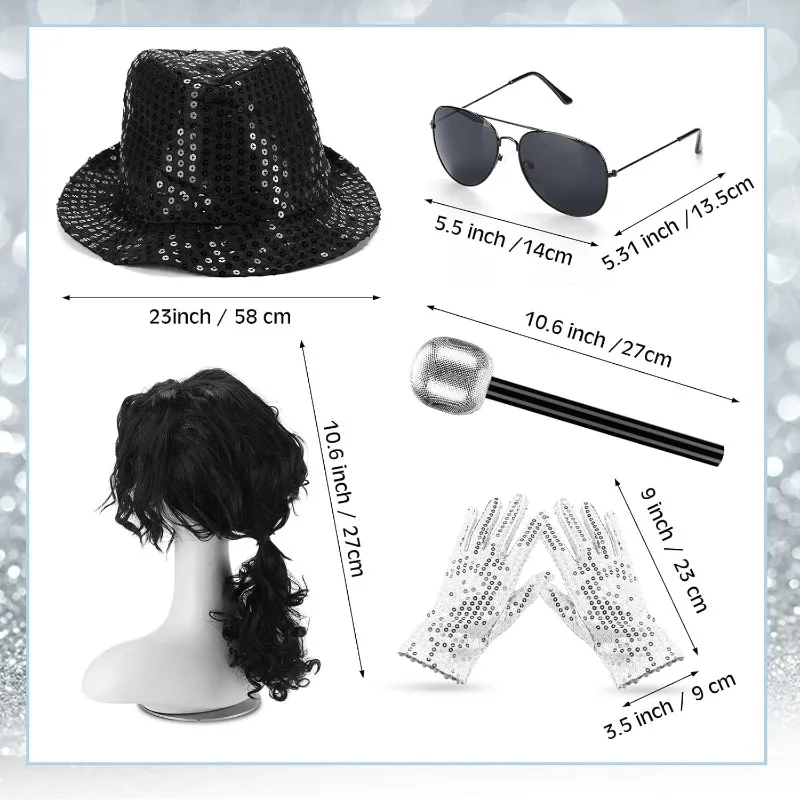 6PCS Halloween Pop Costume Dance Star Costume Long Curly Wig Black Hat Sequin Glove Sunglasses Earpiece Microphone for Pop Stage