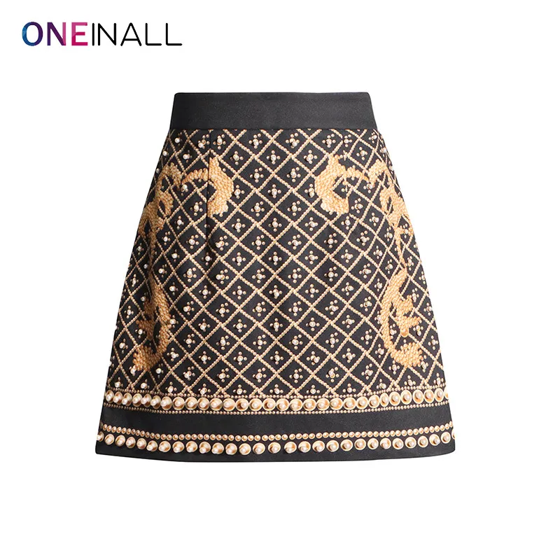 

ONEINALL Print Pearl Mini Skrits For Women High Waist Patchwork Zippper Three-dimensional Decoration Skirt Female Summer Clothes