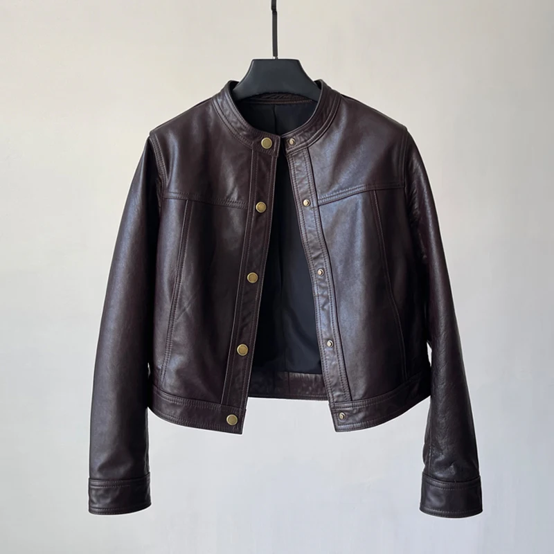 2025 ใหม่ 100% จริงหนังสั้นแจ็คเก็ตVINTAGE WAXหนังผู้หญิงปุ่มปิดO-คอA-Level Sheepskinเสื้อแจ็คเก็ตFemme