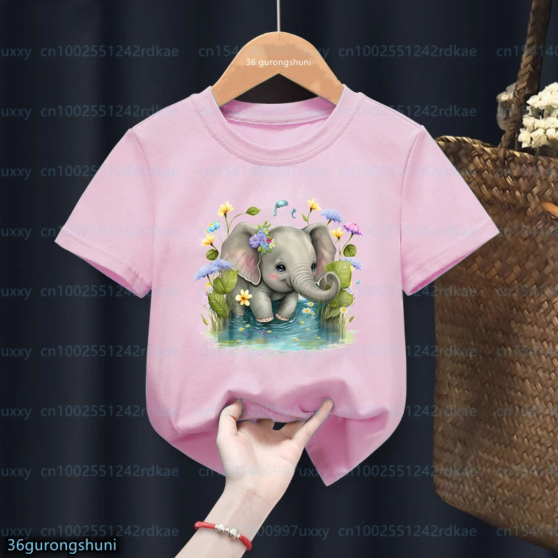 

New Gitls Tshirt Funny Flower Elephant Animal Print Kids T-Shirts Cute Toddler Baby Tshirts Girls Pink Short Sleeve Tops