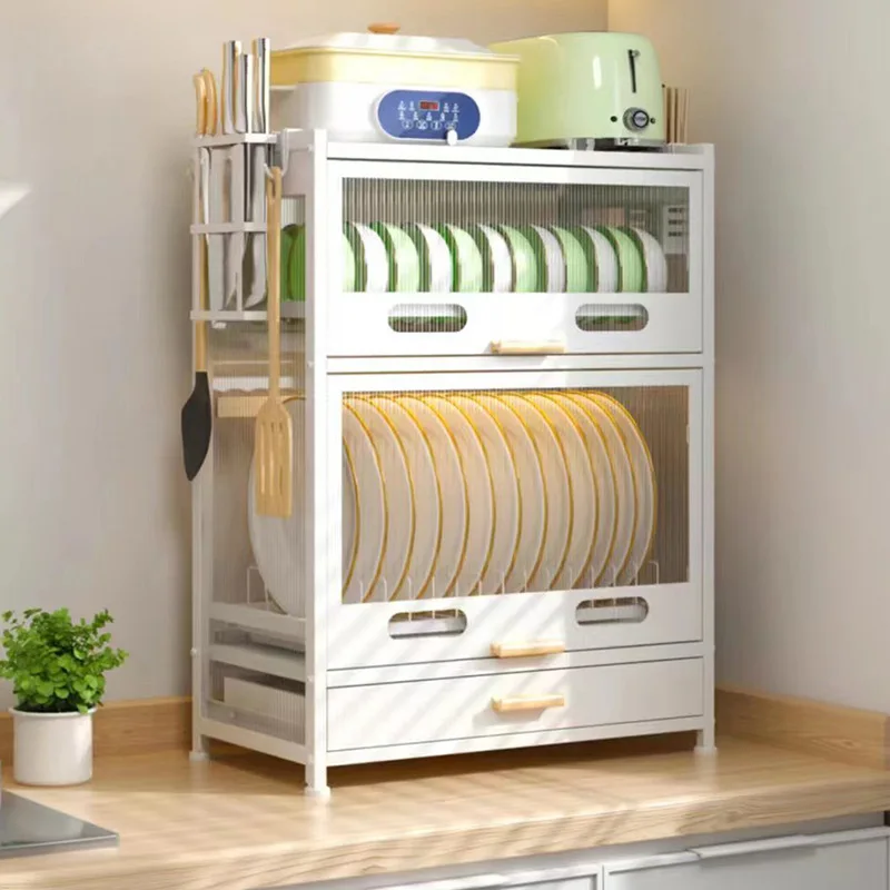 

Kitchen Shelf with Cover Bowl Rack Drain Rack Household Countertop Dish Storage Rack Dish Dust-proof Cupboard Tableware