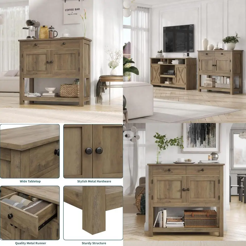 طاولة كونسول على طراز المزرعة مع خزانة وأدراج ورف تخزين - بار القهوة، المدخل، طاولة بوفيه الأريكة