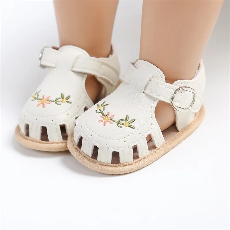 Baby Girl Sandals PU Leather Non-slip Embroidery Flower Summer Flats Toddler Shoes for Casual Daily