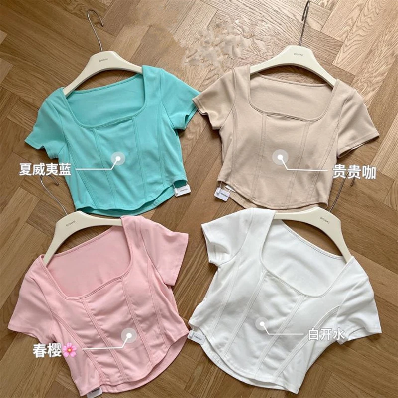 

Short Sleeve Stretch cotton Fashion Casual shirt Women's Strap breast pad cropped slim top