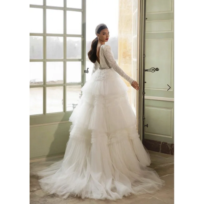 

Customized Deep V-Neck Elegant Princess Dress Wedding Dress With Long Sleeves And Layered Gauze Decoration Vestidos De Noiva