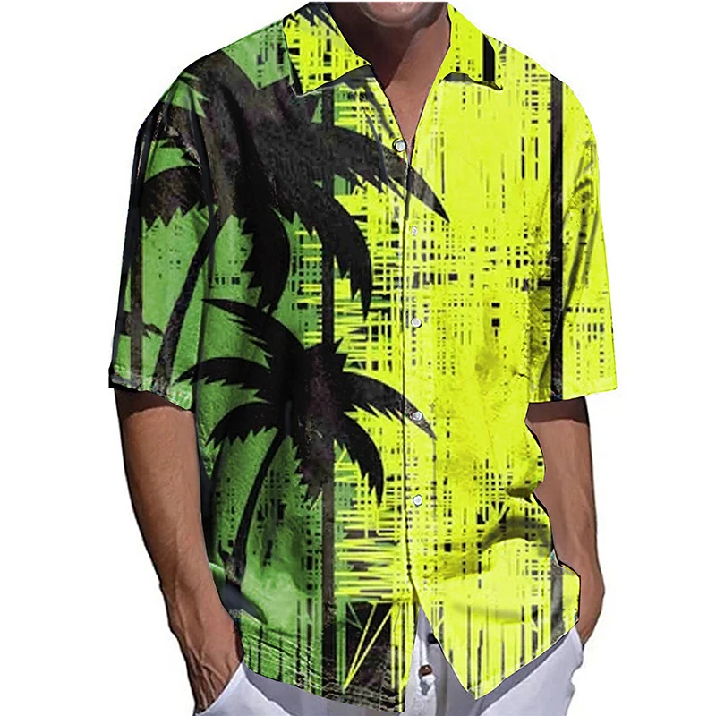 2022 Summer Coconut Tree Hawaiian Holiday Shirt For Men Men's Lapel Shirt Europe And The United States Men's Casual Short Sleeve